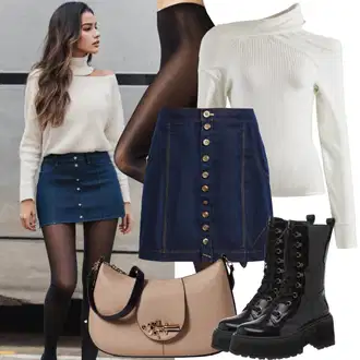 Outfit Inspo Poletje mit Modra/Svetlo modra Denim Krilo/Vintage denim krilo Diesel, Rjava/Bež/Siva Torbica za čez ramo/Mini torbica/Billfold/Torbica za okrog pasu Steve Madden "Vsestranska obleka z jeans krili in črnimi nogavicami"