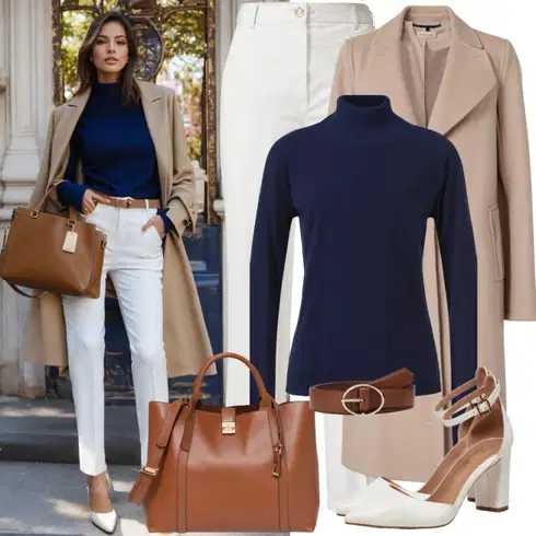 Kombinace Bílá Kalhoty Bootcut/Rozšířená Kalhoty/Dlouhá Kalhoty/Kalhoty se Štěrbinou/Široká Kalhoty/Zvonová Kalhoty/Tradiční Kalhoty/Mušelínové kalhoty/3/4 Kalhoty/Marlene Kalhoty Pull&Bear kombinovat s Tmavě modrá Sveter Rolák/Svetr s límečkem Armedangels