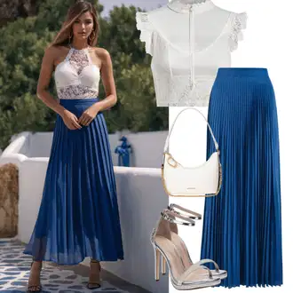 Elegantní outfity Matriční úřad s Modrá/Tmavě modrá Dlouhá Sukně/Vintage sukně maxi/Křesťanská Sukně/Sukně do Délky Lýtka/Sukně Pro Matriku/Maxi sukně/Italská Sukně/Midi Sukně/Plisovaná sukně Dorothy Perkins "Ženský outfit s krajkovými topy a plisovanými sukněmi"Look: Bar, Koncert, Škola, Zvláštní příležitosti, Divadlo, Matriční úřad
