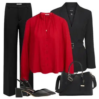 Outfit sa Crvena Bluza Vrh/Jednobojna Bluza/Svilena Bluza/Crash Bluza/Bodija Bluze/Kožna jakna/Plisirana Bluza/Bluza s Podignutim Ovratnikom/Bluza od Satena/Bluza Dugih Rukava/Bluza s gumbom orsay "zgled jesenskog odijela"
