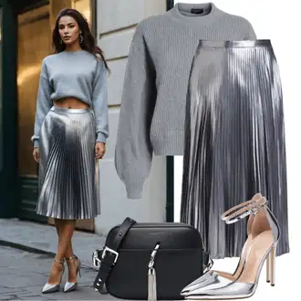 Skirt outfits mit Srebrna/Siva/Temno siva Moderno krilo/Nagubano Krilo/Italijansko krilo/Dolgo krilo/Midi krilo/Koktajl krilo/Plisirano krilo top secret "Zimski outfit s plisirano krilo in pulover"