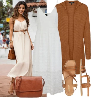 Outfit s Šedá/Krémová/Bílá Bavlněné Šaty/Šaty Na Ramínko/Maxi Šaty/Dlouhé Letní Šaty/Mušelínové šaty VERO MODA "Skvělý vzhled pro volný čas"