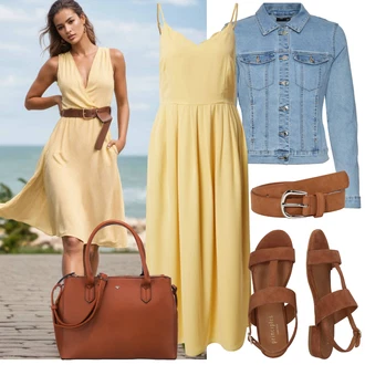 Outfit s Žlutá/Hnědá Šaty Na Ramínko/Midi Šaty/Šaty v Délce do Lýtka/Žerzejové Šaty/Šaty na tenké ramínko/Mullet šaty/Plisované Šaty/Dlouhé Letní Šaty Only "Moderní outfity"