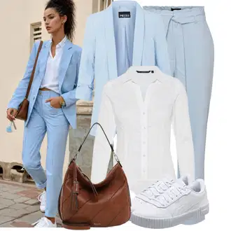 Outfit sa Svjetloplava/Plava Boyfriend Hlače/Hlače s Prorezom/Lanene Hlače/Ležerna Hlača/Hlača za Plažu/Hlače Visokog Struka/Paperbag Hlača/Hlače od muslina Pieces "Neutralni look za svaki dan"
