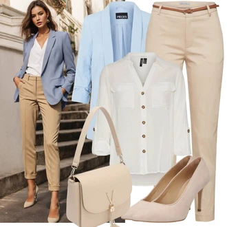 Zapínání na knoflíky Outfit s Šedá/Khaki/Bílá/Hnědá/Béžová/Světle zelená Tunikové Tričko/Halenka S 3/4 Rukávem/Blůza s nášivkou na lokti/Oversize Muselínová Blůza/Kožená bunda/Blůza s knoflíčkem Vero Moda Tall "Vkusný outfit"