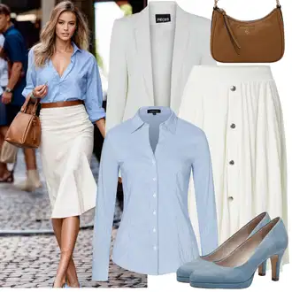 Casino Outfit s Světle modrá Halenka Slim Fit/Halenkové Body/Žehlení odolná blůza/Halenka s Dlouhým Rukávem/Businessová Halenka/Blůza s knoflíčkem More & More "Moderní outfity"Look: Chatky, Den matek, Škola, Zvláštní příležitosti, Biřmování, Opera, Bazén, Galavečer, Bar, Banka, Casino, Oktoberfest, 40. narozeniny