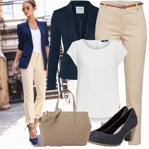 Kombinace Béžová/Khaki Kalhoty s Vysokým Pasem/Skinny Kalhoty/Obleková Kalhoty/Business Kalhoty/Twillová Kalhoty/Úzká Kalhoty/Ležérní Kalhoty/Kalhoty se Štěrbinou B.young kombinovat s Bílá/Krémová/Šedá Tunika/Tričko & Top Móda Pro Plnoštíhlé/Halenka Móda Pro Plnoštíhlou Only