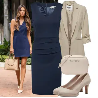 Outfit sa Tamnoplava Uska Haljina/Pamučna haljina/Pletena Haljina/Platnena Haljina/Haljina s Prednjim Patentnim Zatvaračem/Haljina Ravnog Kroja/Poslovna Haljina/Haljina za ured/Haljina Bez Rukava Kaffe "Praktičan look"