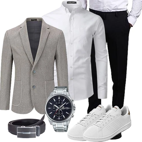 Boyfriend Grau/Weiß BusinessHemd/Business Hemd PARKLEES kombinierenLook: Elegant, Casual, Boyfriend, Stil, Büro, Business, Smart Casual, Edel, Unisex, Preppy, Ausgefallene, Nahtlos, Schlichte