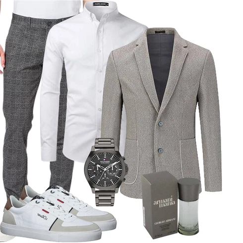 Boyfriend Grau/Weiß BusinessHemd/Business Hemd PARKLEES kombinierenLook: Elegant, Casual, Boyfriend, Stil, Büro, Business, Smart Casual, Edel, Unisex, Preppy, Ausgefallene, Nahtlos, Schlichte