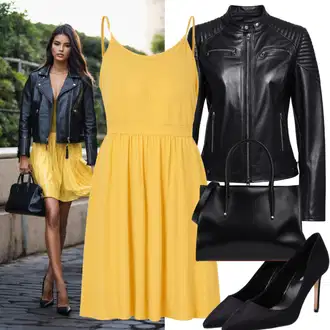 Chic Outfits Poslovna mit Črna Vintage Črpalka/Čevelj Z Visoko Peto/Visoka Peta Črpalka/Udobna črpalka/Elegantni Čevelj/Črpalka z Nizko Petom/T-steg črpalka/Poslovna Obutev marjin "Čaroben outfit z rumeno obleko za poroko in jakne"Look: Stil, Plemenita, Eleganten, Stari denar, Poslovna