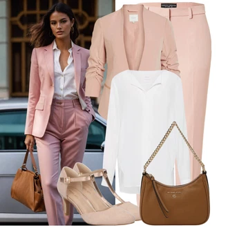Kombinacije za posao Chic s kopčom Koža sa Pink/Bež/Smeđa Pumpa u obliku slova T/Cipela Mary Jane/Vintage Pumpa About You "Praktičan look"Look: Stil, Francuske, Chic, Elegantan, Šik, Old Money