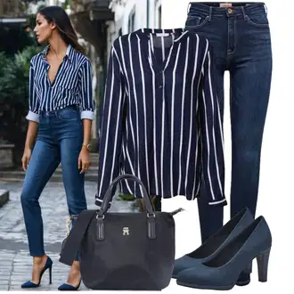 Outfit s Tmavě modrá/Modrá Oversize Halenka/Halenka s Dlouhým Rukávem/Slip-on Halenka/Halenka s Kapucí/Blůza s knoflíčkem/Halenkový Top Kaffe "Praktický vzhled"