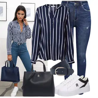 Outfit s Tmavě modrá/Modrá Oversize Halenka/Halenka s Dlouhým Rukávem/Slip-on Halenka/Halenka s Kapucí/Blůza s knoflíčkem/Halenkový Top Kaffe "Neutrální každodenní vzhled"