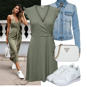 Outfit s Tmavě zelená/Zelená Žerzejové Šaty/Zavinovací Šaty JdY "Praktický vzhled"