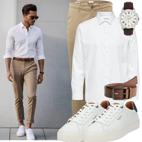 Khaki Hose Große Größe/Slim Hose/Twill Hose/Skinny Hose Jack & Jones, Creme/Weiß Bluse Große Größe/Business Hemd/Bügelfreies Hemd/Businesshemd/Musselin Hemd/Hemdbluse SELECTED HOMME kombinieren mit Creme/Weiß Bluse Große Größe/Business Hemd/Bügelfreies Hemd/Businesshemd/Musselin Hemd/Hemdbluse SELECTED HOMME