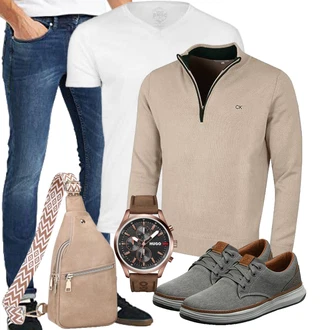 Outfit mit Braun/Beige Mini-Rucksack/Gürteltasche/Schultertasche/Geflochtene Tasche/Mini-Rucksack/Umhängetasche Suweir "Casual Outfit"