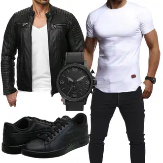 Outfit mit Schwarz Jacke mit Seitlichem Reißverschluss/KunstLederjacke/Motorradjacke/Bikerjacke/Lederjacke Redbridge "Casual Outfit"