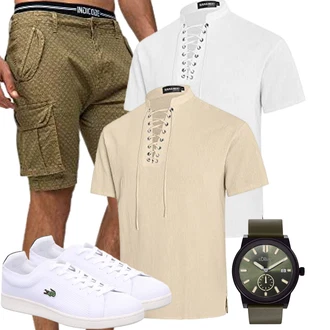 Old Money Outfit mit Dunkelgrün/Khaki Cargo Short/Musselin Shorts/Bermuda/Kurze Hose Indicode "Casual Outfits"Look: Classic, Casual, Nahtlos, Safari, Old Money, Italienische, Outdoor, Skater, Irische, Unisex