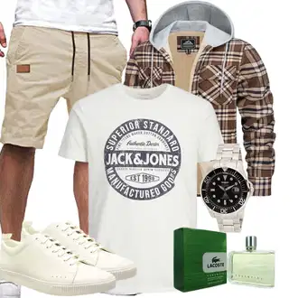 Old Money Outfit mit Beige/Khaki Chino Shorts/Bermuda/Cargo Short/Kurze Hose/Baggy Short/Musselin Shorts JMIERR "Casual Outfits"Look: Old Money, Boyfriend, Sportlich, Outdoor, Skater, Hip Hop, Unisex, Smart Casual, Casual, Coole, Schön