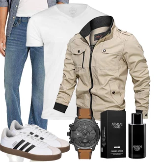 Motorrad Outfit mit Khaki/Beige Herbstjacke/Cargojacke/Trachtenstrickjacke/Uniformjacke/Jacke mit Seitlichem Reißverschluss/Frühlingsjacke/Militärjacke/Sommerjacke/Fliegerjacke/Bomberjacke Minetom "Casual Outfits"Look: Angeln, Wandern, Jagd, Arbeits, Freizeit, Trekking, Airsoft, Motorrad