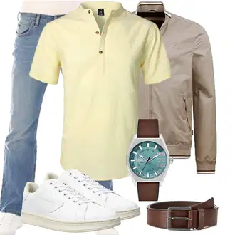 Motorrad Outfit mit Grau/Khaki/Beige/Braun Kastenjacke/Coachjacke/Frühlingsjacke/Kunstfaserjacke/Nylonjacke/Uniformjacke/Wachsjacke/Schlupfjacke/Sommerjacke/Innenfutter Jacke/Fliegerjacke/Bomberjacke/Jacke mit Seitlichem Reißverschluss Indicode "Casual Outfits"Look: Fitness, Arbeits, Motorrad, Reiten, Freizeit