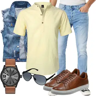 Jeans Motorrad Outfit mit Blau/Hellblau JeansWeste Kelmon "Casual Outfits"Look: Freizeit, Arbeits, Reiten, Motorrad