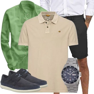 20er Jahre Outfit mit Schwarz/Dunkelgrau/Khaki Chino Shorts/Cargo Short/Bermuda/Musselin Shorts/Baggy Short/Kurze Hose solid "Casual Outfits"Look: Classic, Schick, Stil, Smart Casual, Coole, Skater, 20er Jahre, Casual, Lack, Old Money