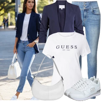 Ležérní Outfit s Světle modrá/Modrá Skinny Kalhoty/Džínové Legíny/Jeggings VERO MODA "Moderní outfity"Look: 90tá léta, Ležérní, Cool, Krásný, Old Money, Skromné