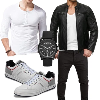 Outfit mit Schwarz Jacke mit Seitlichem Reißverschluss/KunstLederjacke/Motorradjacke/Bikerjacke/Lederjacke Redbridge "Cool Outfit"