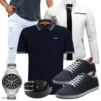Outfit mit Grau/Weiß/Hellgrau KunstLederjacke/Motorradjacke/Bikerjacke/Jacke mit Seitlichem Reißverschluss Crone "Cool Outfit"