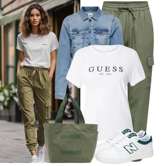 Outfit s Khaki/Tmavě zelená/Zelená Cargo Kalhoty/Lněné Kalhoty/Cargo Tepláky Only "Hezký outfit pro volný čas"