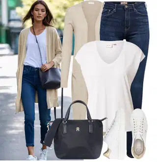 Outfit s Krémová/Bílá/Hnědá/Béžová Teniska Letní Tenisky/Úzká Teniska/Kožené Tenisky/Teniska teddy/Nízká Teniska/Teniska na platformě BOGNER "Outfity na každý den"