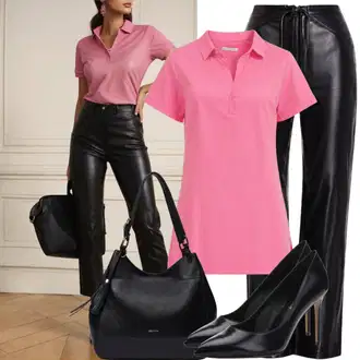 Shirt outfits mit Temno rdeča/Črna/Bela Torba za čez ramo/Poslovna torba/Vrečka za prenašanje/Ročna prtljaga/Mini torbica/Pisarniška torba/Satchel torba/Torba za čez ramo MICHAEL Michael Kors, Temno siva/Temno zelena/Bela/Khaki/Črna Usnjena Hlača/Hlače iz Imitacije Usnja/Skinny Hlače/Usnjena pajkica/Motoristična hlača/Nagubane hlače Dr. Denim "Ekstravaganten videz z usnjeno hlačo in polo majico"