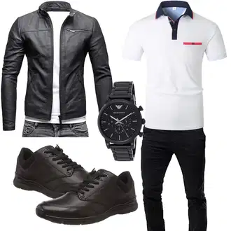Outfit mit Schwarz/Dunkelgrau/Dunkelblau/Grau Vintage Lederjacke/Motorradjacke/Bikerjacke/Jacke mit Seitlichem Reißverschluss/KunstLederjacke Crone "Elegant Outfit"