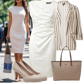 Saten Outfit sa Bijela/Krem/Kaki Haljina s Vodopadnim Izrezom/Pamučna Haljina/Haljina Ravnog Kroja/Haljina matični ured svat/Platnena Haljina/Haljina za vjenčanje/Haljina od Satena Vera Mont "Ljetni outfiti"