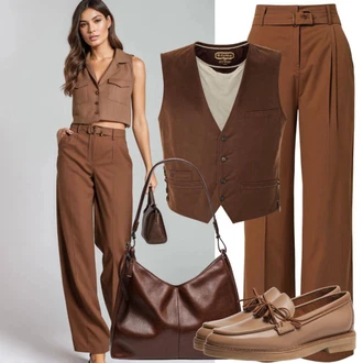 Casual Registry Office Outfits Zima mit Rjava/Bež Teddy torba/Torba za čez ramo/Torba iz filca/Vrečka za prenašanje/Velika torba/Napihnjena torba madamra "Elegantna obleka z Marlene hlačami in telovnikom"