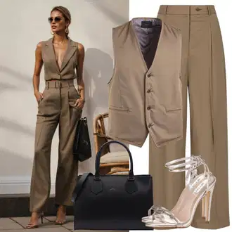 Outfity s kalhotami na oblek Matka nevěsty s Béžová/Krémová/Bílá/Hnědá Krátká Vest/Dlouhá Vest/Lidová Vest/Elegantní Vest/Blejzr Vesta/Obchodní vesta/Oblekový Prslušenství nocturne "Elegantní outfit s Marlene kalhotami a vestou"