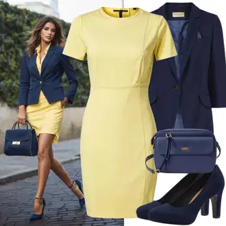 Poslovni Outfiti mit Bela/Khaki/Krem/Rumena/Bež Asimetrična Obleka/Kleid mit Wasserfallausschnitt/Obleka s halterji/Midi Obleka/Muslin Obleka/Obleka na preklop Trendyol "Elegantni videz z rumeno poročno obleko in jaknami"