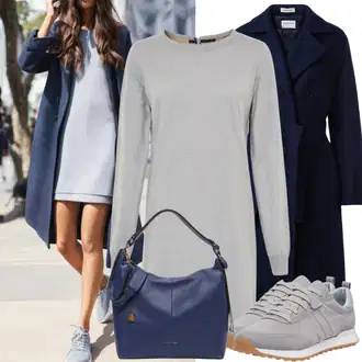 Outfit s Šedá/Tmavě šedá Žerzejové Šaty/Šaty s Rozparkem/Dlouhé saténové šaty/Šaty s Vodopádovým Výstřihem/Šaty s výstřihem/Dlouhé Šaty/Maxi Šaty Swing "Elegantní vzhled s dlouhými šaty a kabátem"
