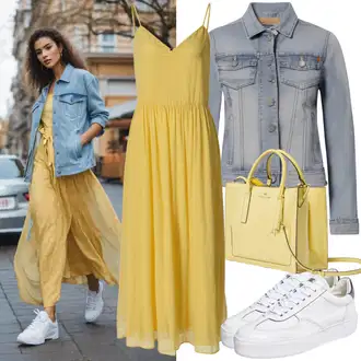 Atraktivní outfity Párty s Žlutá Velká taška/Látková taška/Bavlněná taška/Malá Taška/Nafouknutá taška/Shopper taška/Teddy taška/Taška Na Rameno mads norgaard "Femininní vzhled s žlutým šaty pro svatbu a bundy"Look: Koncert, Festival, Den matek, Párty, Škola