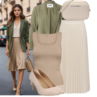 Elegantní Outfit s Béžová/Khaki/Hnědá Maxi sukně/Italská Sukně/Sukně Pro Svatebního Hosta/Sukně Pro Matriku/Vintage sukně maxi/Slavnostní Maxi Sukně/Dlouhá Sukně/Plisovaná sukně Only "Hezký outfit pro volný čas"Look: Lehký, 20 léta, Klasické, Elegantní, Old Money, Retro
