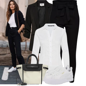 Outfit sa Crna Hlača sa Stremenom/Hlače Visokog Struka/Paperbag Hlača/Pletena Tajica VERO MODA "Outfit za svaki dan"