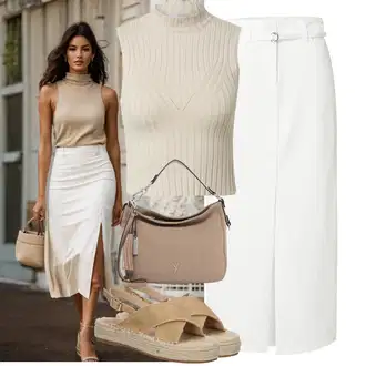 Nevesta Outfit sa Bijela/Kaki/Siva/Krem Midi Suknja/Unisex Suknja/Hlačna Suknja/Suknja na Omot/Duga Suknja/Moderne Suknja/Suknja Za Matični Ured/Suknja do Potkoljenice/Maksi Suknja/Uredska Suknja/Kršćanska Suknja SELECTED FEMME "Moderna kombinacija za slobodno vrijeme"