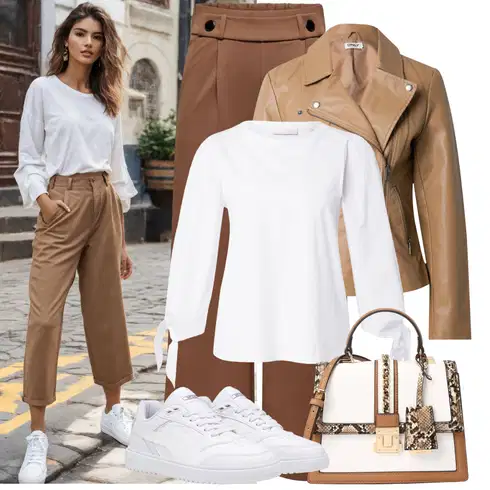 Kombinace Khaki/Hnědá/Béžová Plisovaná kalhoty/Široká Kalhoty/Palazzo Kalhoty/Plisovaná Kalhoty/Culotte Kalhoty/Kalhoty se Štěrbinou/Tradiční Kalhoty/Kalhoty s Vysokým Pasem/Slinky Kalhoty/Rozšířená Kalhoty/Mušelínové kalhoty JdY kombinovat s Hnědá/Šedá/Béžová Bunda z Umělé Kůže/Kožená vintage Bunda/Kožené Bund/Motorkářské Bund Only
