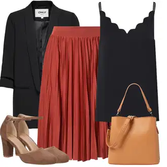 Outfit s Červená/Tmavě červená/Oranžová/Hnědá 50tého Léta Sukně/60tého Léta Sukně/Sukně do Délky Lýtka/Křesťanská Sukně/Sukně Pro Vysokou Školu/Mačkaná Sukně/Italská Sukně/Midi Sukně/Moderní Sukně/Krátká plisovaná sukně About You "Jarní outfit"