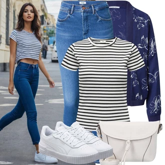 Outfit s Modrá/Světle modrá Kožená bunda/Džíny s Rozparkem/Slim Fit Džíny/Zimní bunda/Kožené Boty/Zkrácené Džíny/Push up Džín/Kotníková Bota/High Waist Džínové Kalhoty Wrangler "Jarní outfit"