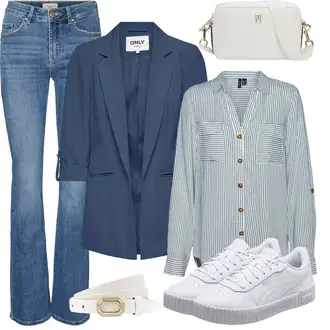 Premium Outfit sa Plava/Svjetloplava Hlače rupa hlača/Zvonaste Hlače/Lepršave Hlača/Hlače s Prorezom/Traperice/Bootcut Hlača VERO MODA "Proljetni outfit"Look: Stil, Rap, Retro, 70-ich, cool, Premium, klasický