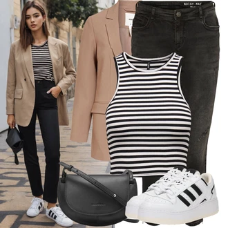 Veslování Outfit s Bílá/Černá/Tmavě modrá/Krémová Tílko s ořezem/Pruhované Tričko/Halenka Bez Rukávů/Krátký Top Only "Jarní outfit"Look: Veslování, Bowling, Tanec