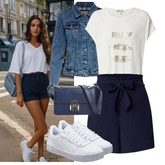 Nadrozměrné Outfit s Modrá/Tmavě modrá Košile Vysoký pas Kraťasy/Sieťový kraťas/Pytlovitý Šortky/Papírové Šortky/Šortky/Mušelínové Šortky About You "Překrásné jarní outfity"Look: Klasické, Cool, Námořní, Nadrozměrné, Preppy, Skromné, Sportovní, Unisex